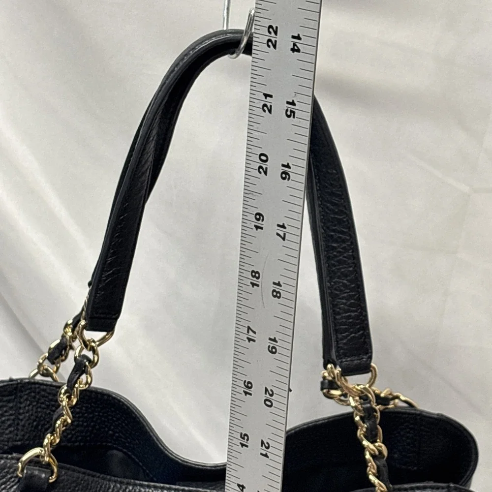 Tory Burch Harper Tote Bag Black Excellent Pebbled Leather Gold Chain Logo